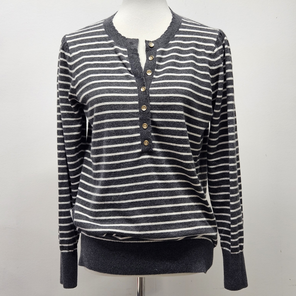 Loft Henley Pullover Striped Size L Gray White Scalloped Collar LS Top Coastal